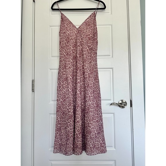 7 for All Mankind Seamed Chiffon Slip Dress in Rose Leopard Pink | Size Large - Picture 5 of 8